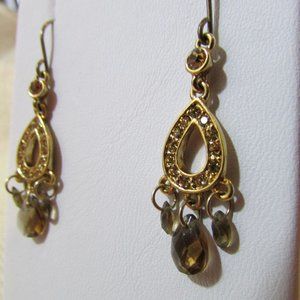 Monet Gold Rhinestone Oval Drop Fish Hook Earrings 1 3/4 Inch